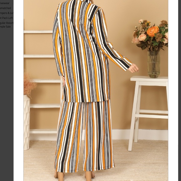 NWT Women's 2pc Stripe Collared Button Down Tie Waist Wide Leg Matching Suit - Picture 3 of 4